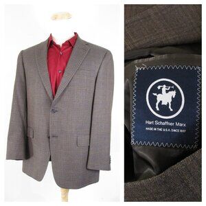 Hart Schaffner Marx Mens Brown Check Plaid Wool Sport Coat Jacket Size 42R